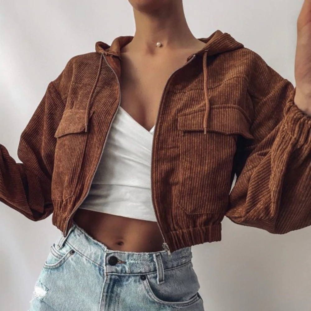 Corduroy drop shoulder hooded jacket